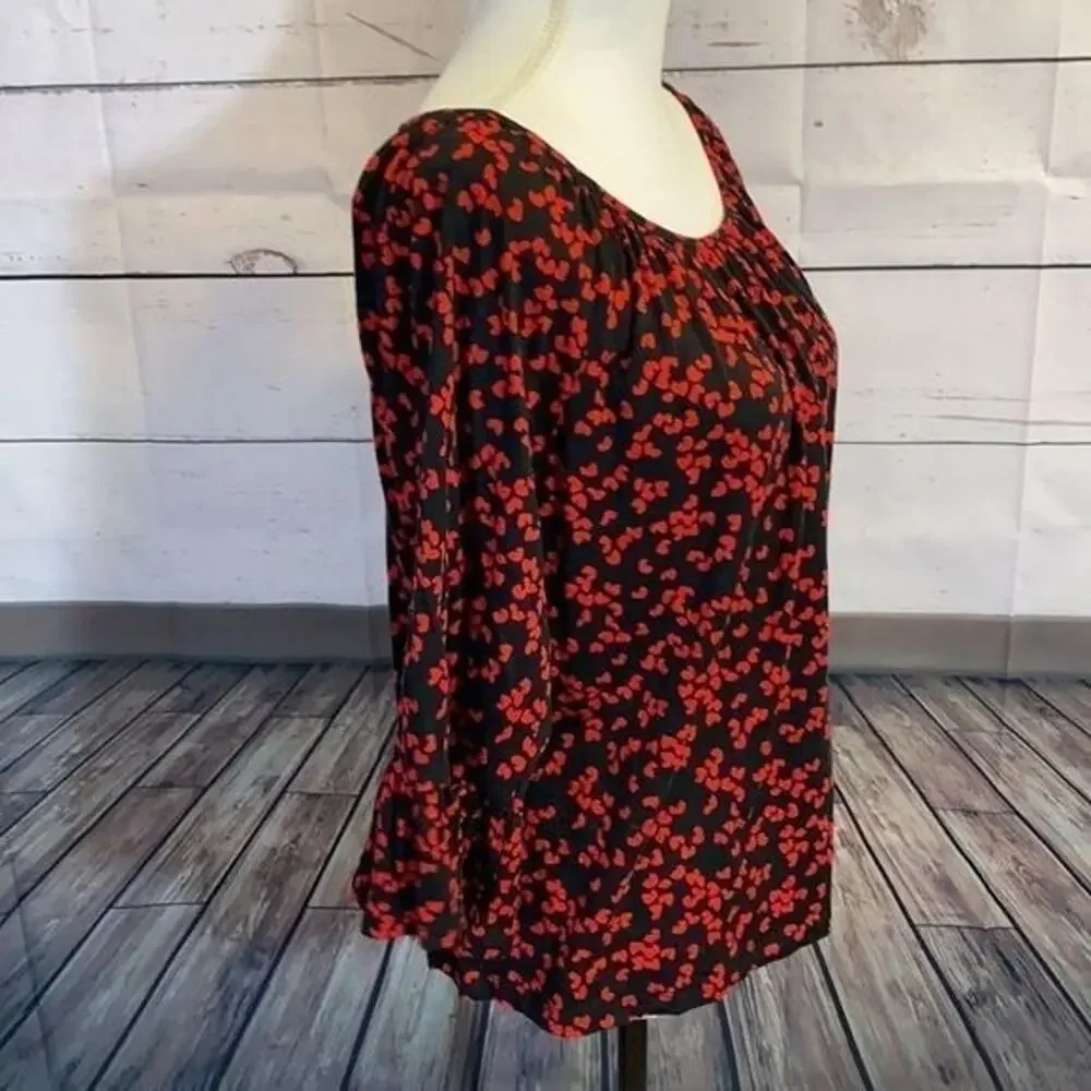 Michael Kors Shirt Womens Large Black Red Hearts Ruffle‎ Sleeve Popover Romantic